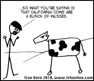 Stick man and stick cow talk about how California Cows are wusses