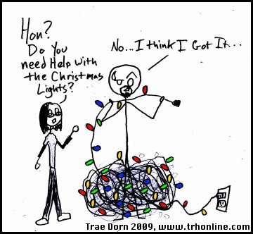 Stick figure tangled in Christmas lights