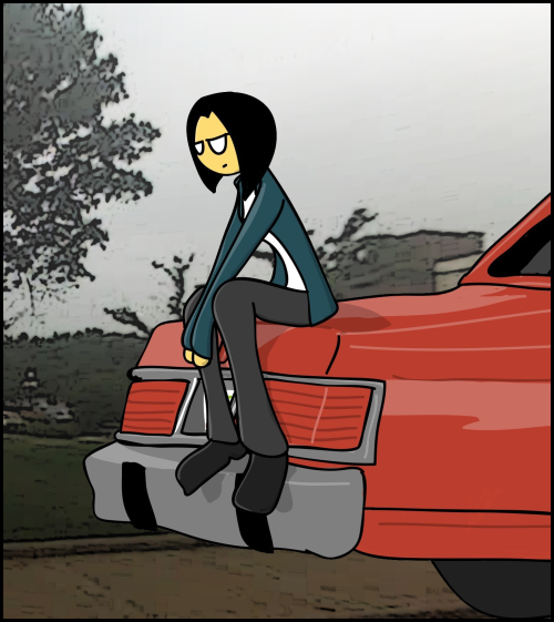 Lynn from UnCONventional on the trunk of a 1986 Mercury Grand Marquis